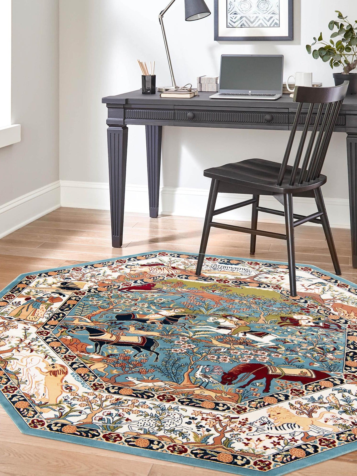 Blue 7' 10 x 7' 10 Narenj Octagon Area Rug 85% Polypropylene & 15% Polyester Traditional Classic Carpet for Living, Dining, Bedrooms, Office for Sale at Rug Engine