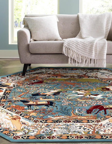 Blue 5' 3 x 5' 3 Narenj Octagon Area Rug 85% Polypropylene & 15% Polyester Traditional Classic Carpet for Living, Dining, Bedrooms, Office for Sale at Rug Engine