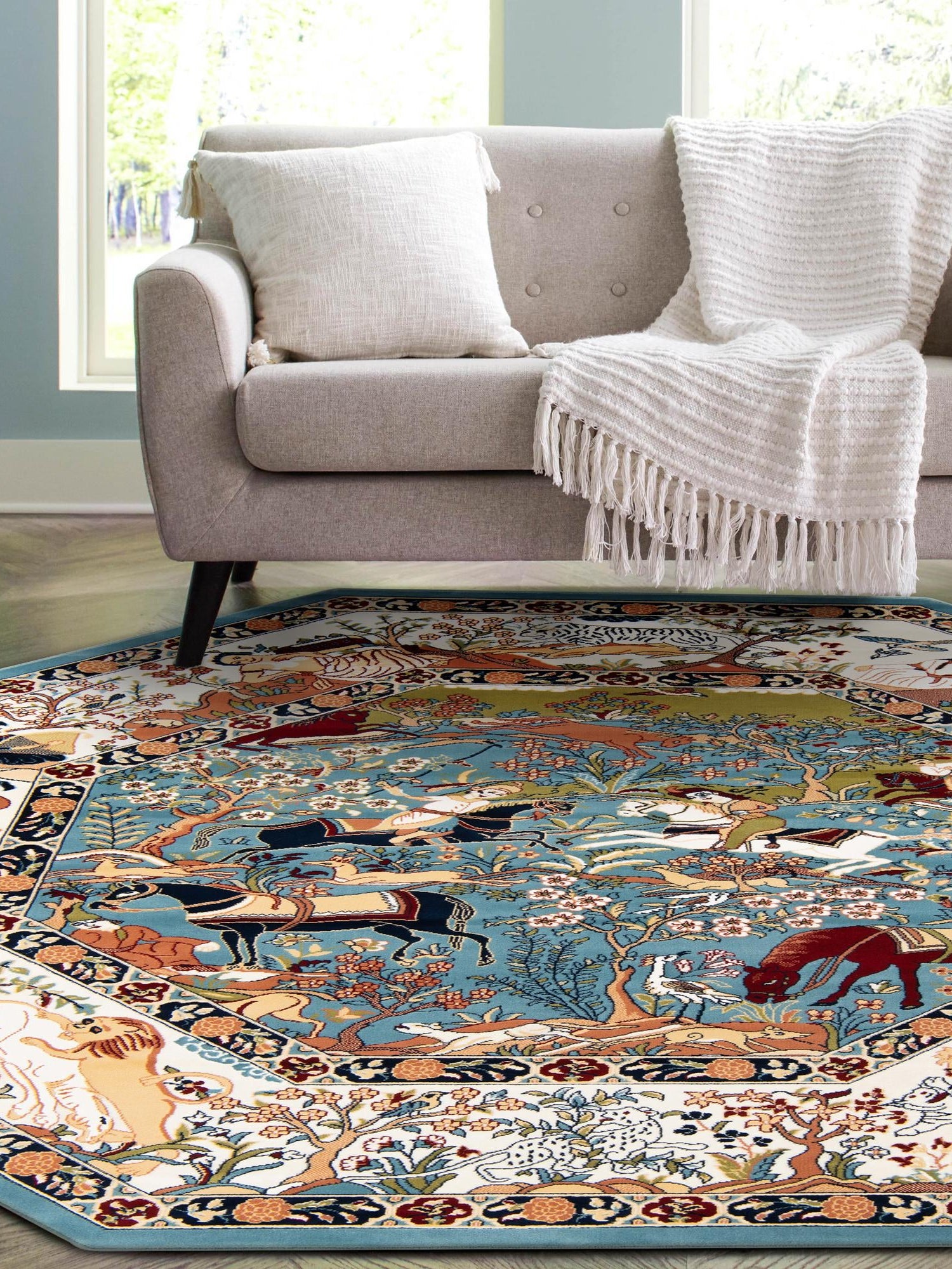 Blue 7' 10 x 7' 10 Narenj Octagon Area Rug 85% Polypropylene & 15% Polyester Traditional Classic Carpet for Living, Dining, Bedrooms, Office for Sale at Rug Engine