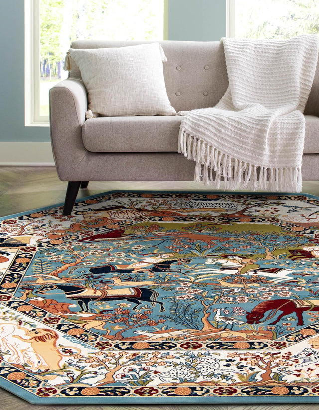 Blue 7' 10 x 7' 10 Narenj Octagon Area Rug 85% Polypropylene & 15% Polyester Traditional Classic Carpet for Living, Dining, Bedrooms, Office for Sale at Rug Engine