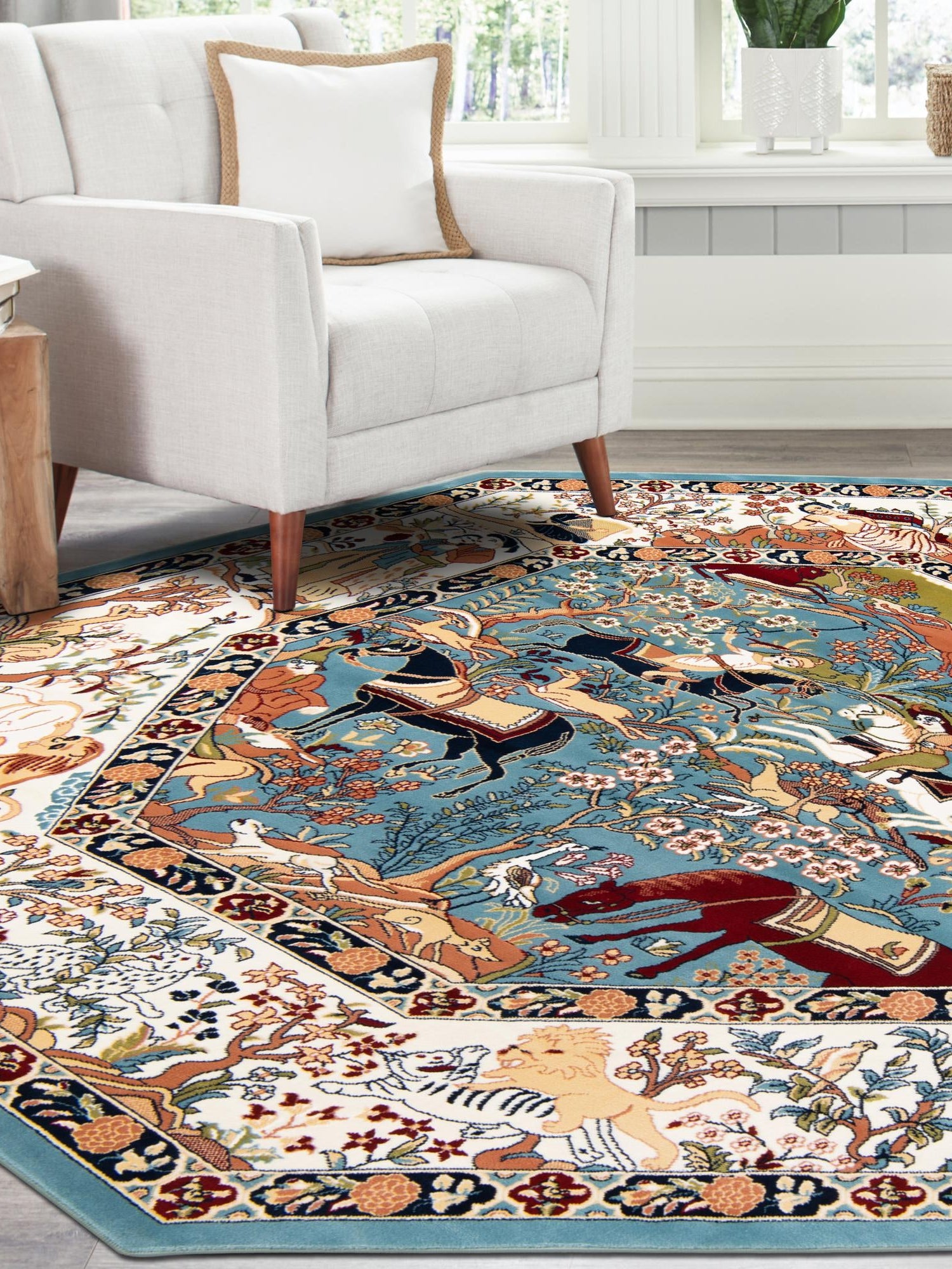 Blue 7' 10 x 7' 10 Narenj Octagon Area Rug 85% Polypropylene & 15% Polyester Traditional Classic Carpet for Living, Dining, Bedrooms, Office for Sale at Rug Engine