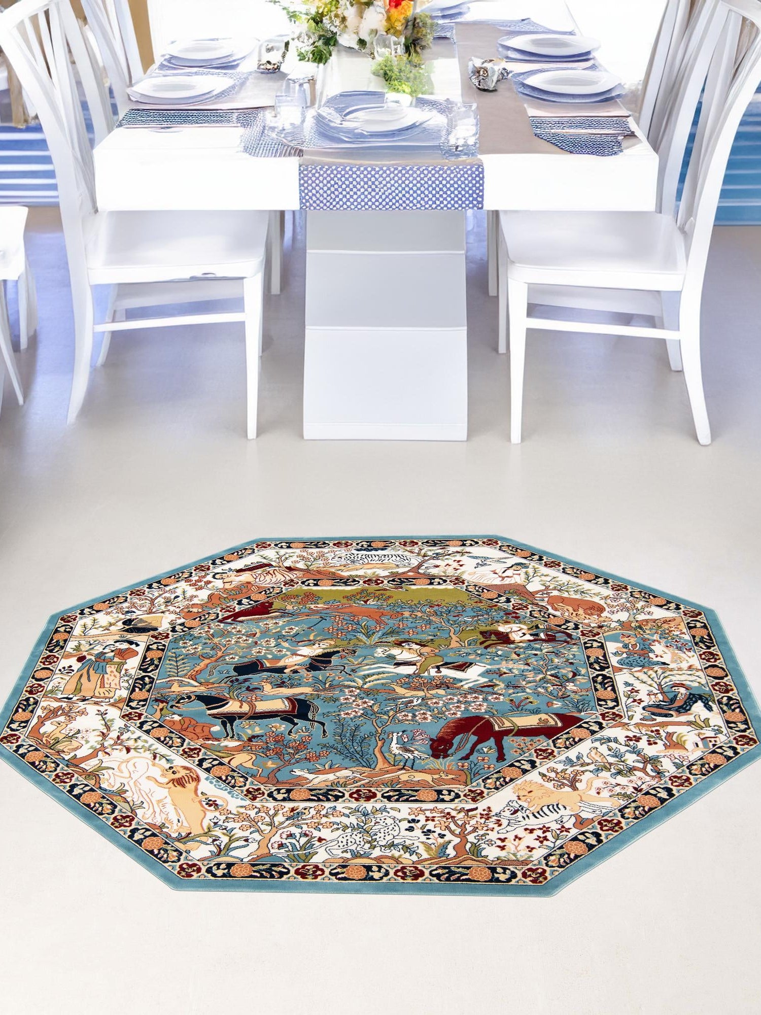 Blue 7' 10 x 7' 10 Narenj Octagon Area Rug 85% Polypropylene & 15% Polyester Traditional Classic Carpet for Living, Dining, Bedrooms, Office for Sale at Rug Engine