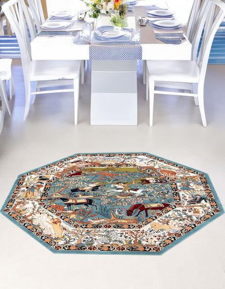 Blue 7' 10 x 7' 10 Narenj Octagon Area Rug 85% Polypropylene & 15% Polyester Traditional Classic Carpet for Living, Dining, Bedrooms, Office for Sale at Rug Engine