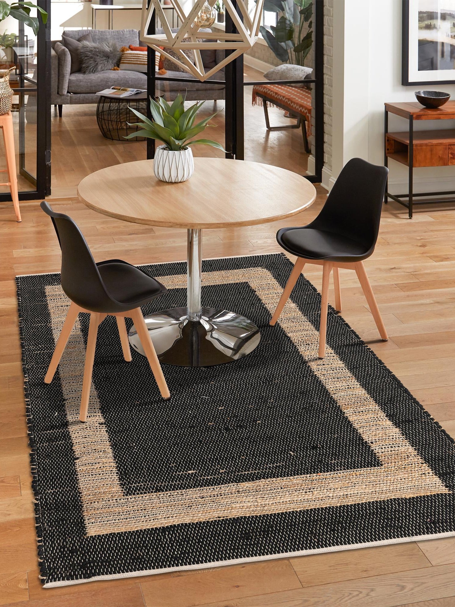 Black 4' 1 x 6' 1 Chindi Jute Rectangle Area Rug Interior Design Home Decor Carpet Mat for Sale at Rug Engine