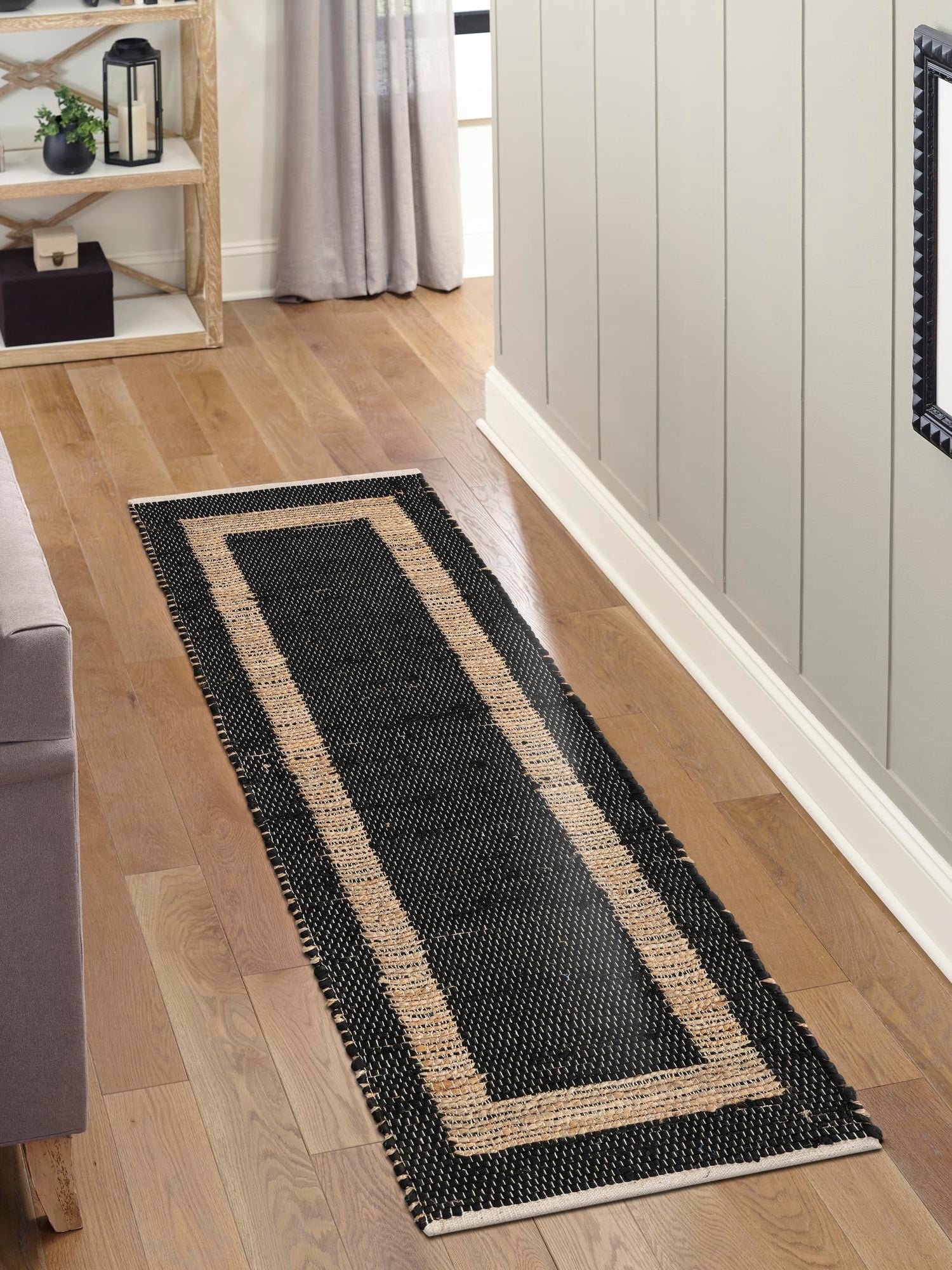 Black-Natural 2' 6 x 9' Chindi Jute Runner Area Rug Interior Design Home Decor Carpet Mat for Sale at Rug Engine
