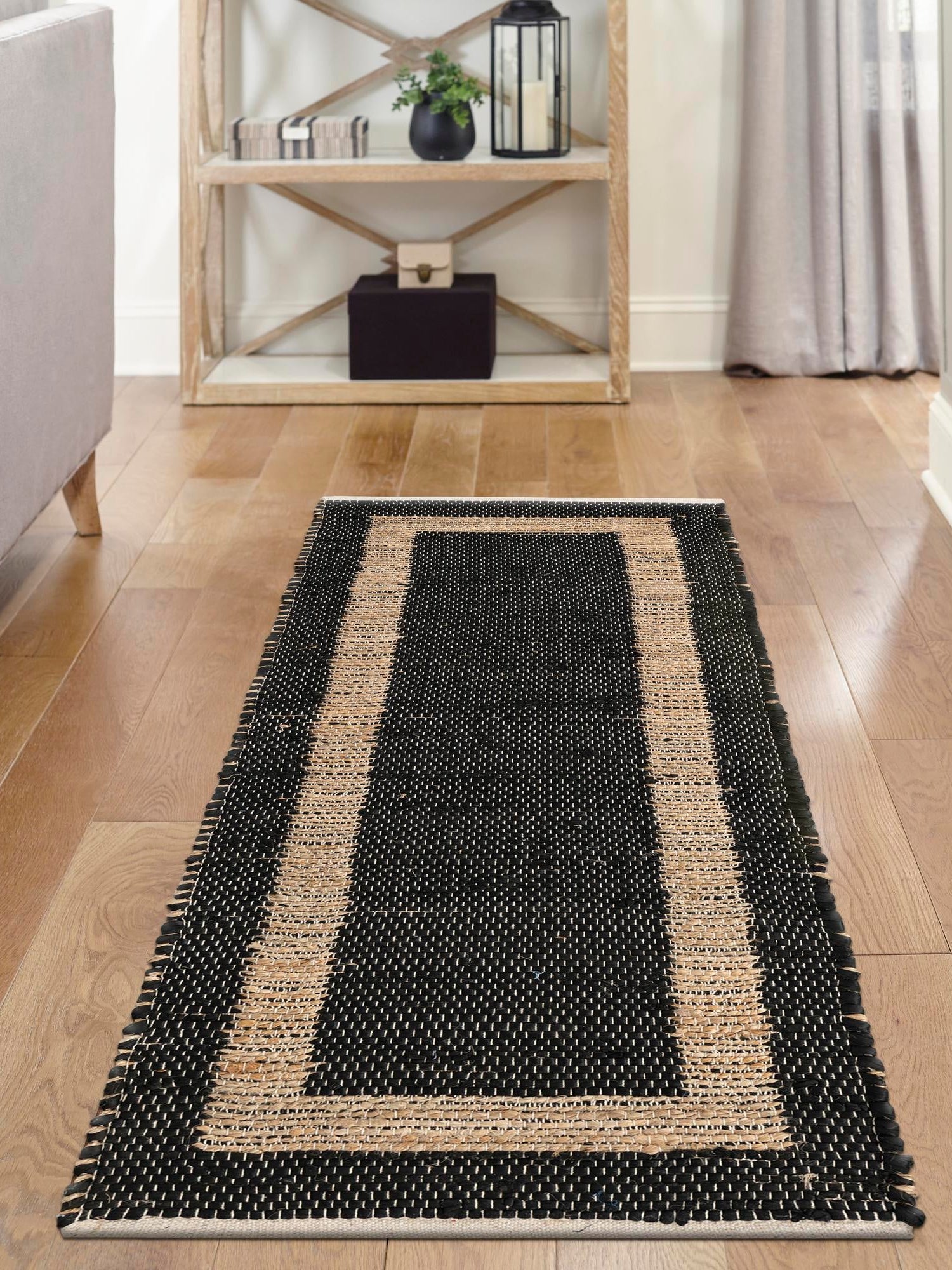 Black-Natural 2' 6 x 9' Chindi Jute Runner Area Rug Interior Design Home Decor Carpet Mat for Sale at Rug Engine