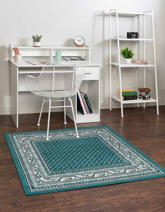 Turquoise 7' 10 x 7' 10 Williamsburg Square Area Rug 100% Polypropylene With Cotton Backing Durable Easy Clean Stain Resistant Carpet for Sale at Rug Engine