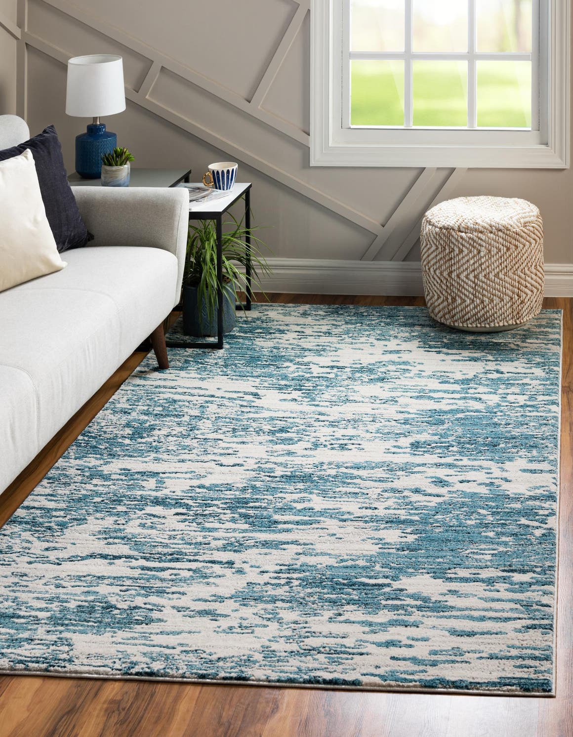 Blue 5' x 8' Oasis Rectangle Area Rug 65% Polypropylene & 35% Polyester Contemporary Carpet for Living Rooms, Bedroom, Kitchen, Dining, Office for Sale at Rug Engine