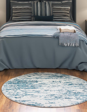 Blue 4' x 4' Oasis Round Area Rug 65% Polypropylene & 35% Polyester Contemporary Carpet for Living Rooms, Bedroom, Kitchen, Dining, Office for Sale at Rug Engine