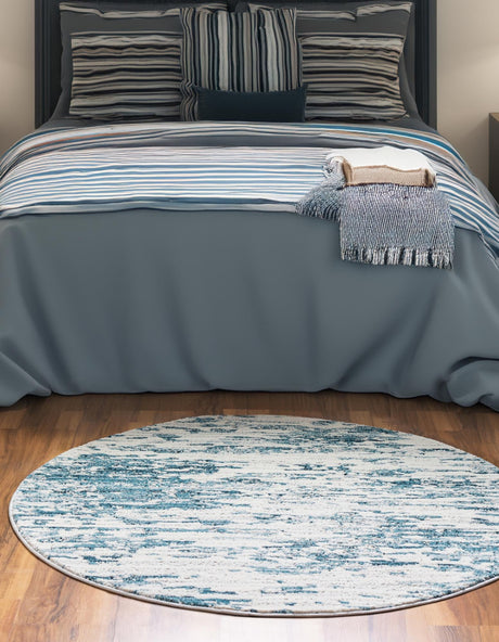 Blue 7' x 7' Oasis Round Area Rug 65% Polypropylene & 35% Polyester Contemporary Carpet for Living Rooms, Bedroom, Kitchen, Dining, Office for Sale at Rug Engine