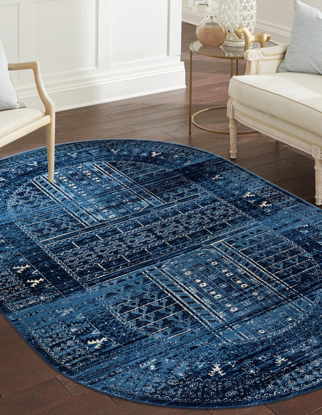 Blue 5' x 8' District Oval Area Rug 100% Polypropylene Easy Clean Stain Resistant Traditional Pattern Classic Carpet for Indoor Dining Living Office for Sale at Rug Engine