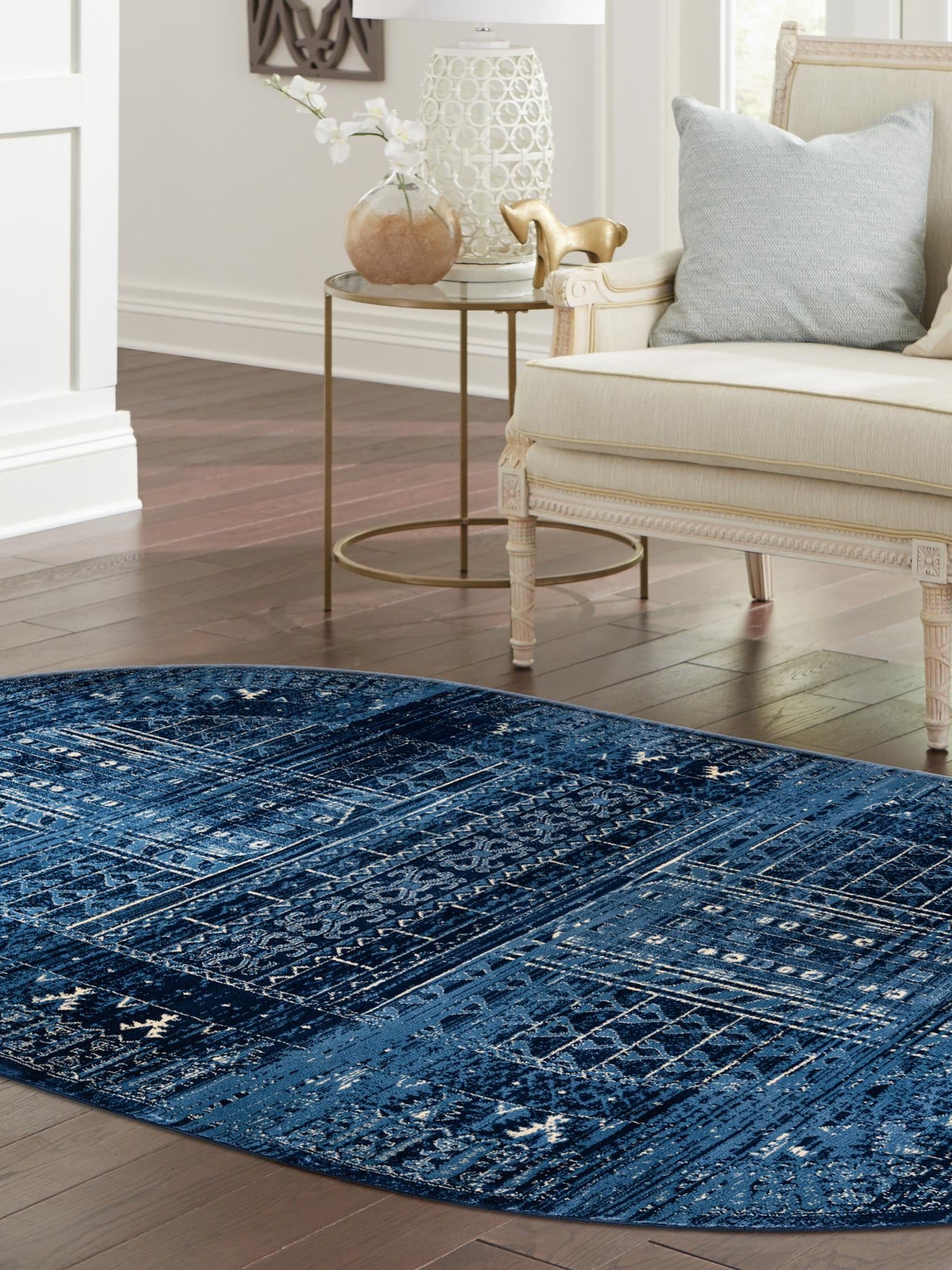 Blue 3' 3 x 5' 3 District Oval Area Rug 100% Polypropylene Easy Clean Stain Resistant Traditional Pattern Classic Carpet for Indoor Dining Living Office for Sale at Rug Engine