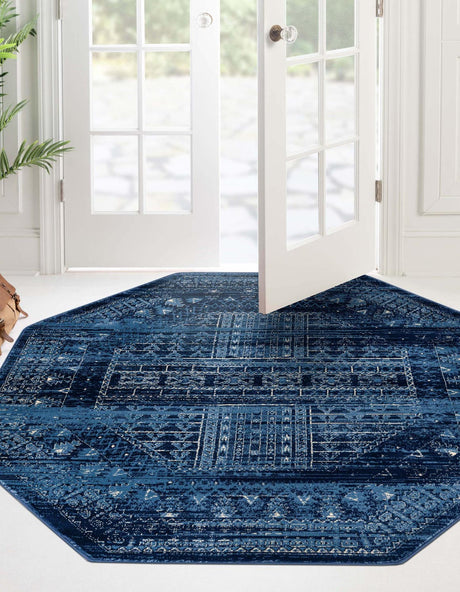 Blue 8' x 8' District Octagon Area Rug 100% Polypropylene Easy Clean Stain Resistant Traditional Pattern Classic Carpet for Indoor Dining Living Office for Sale at Rug Engine