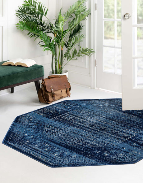 Blue 5' x 5' District Octagon Area Rug 100% Polypropylene Easy Clean Stain Resistant Traditional Pattern Classic Carpet for Indoor Dining Living Office for Sale at Rug Engine