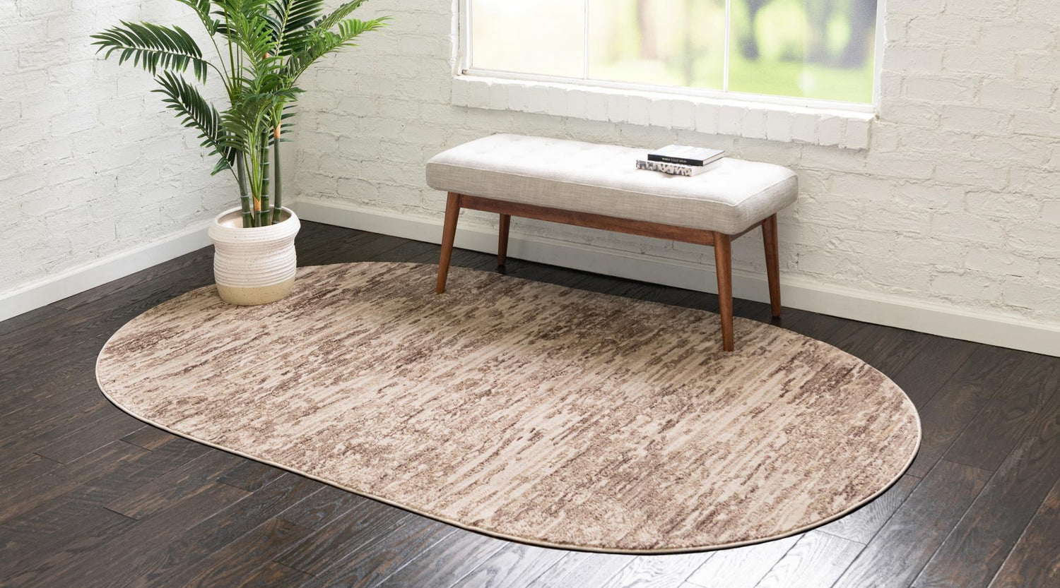 Brown 5' x 8' Oasis Oval Area Rug 65% Polypropylene & 35% Polyester Contemporary Carpet for Living Rooms, Bedroom, Kitchen, Dining, Office for Sale at Rug Engine