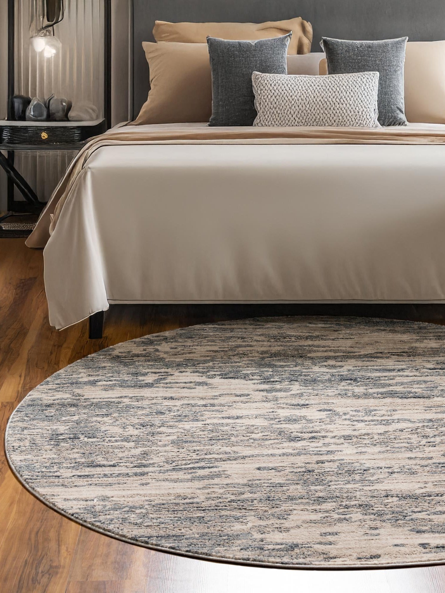 Gray 7' x 7' Oasis Round Area Rug 65% Polypropylene & 35% Polyester Contemporary Carpet for Living Rooms, Bedroom, Kitchen, Dining, Office for Sale at Rug Engine