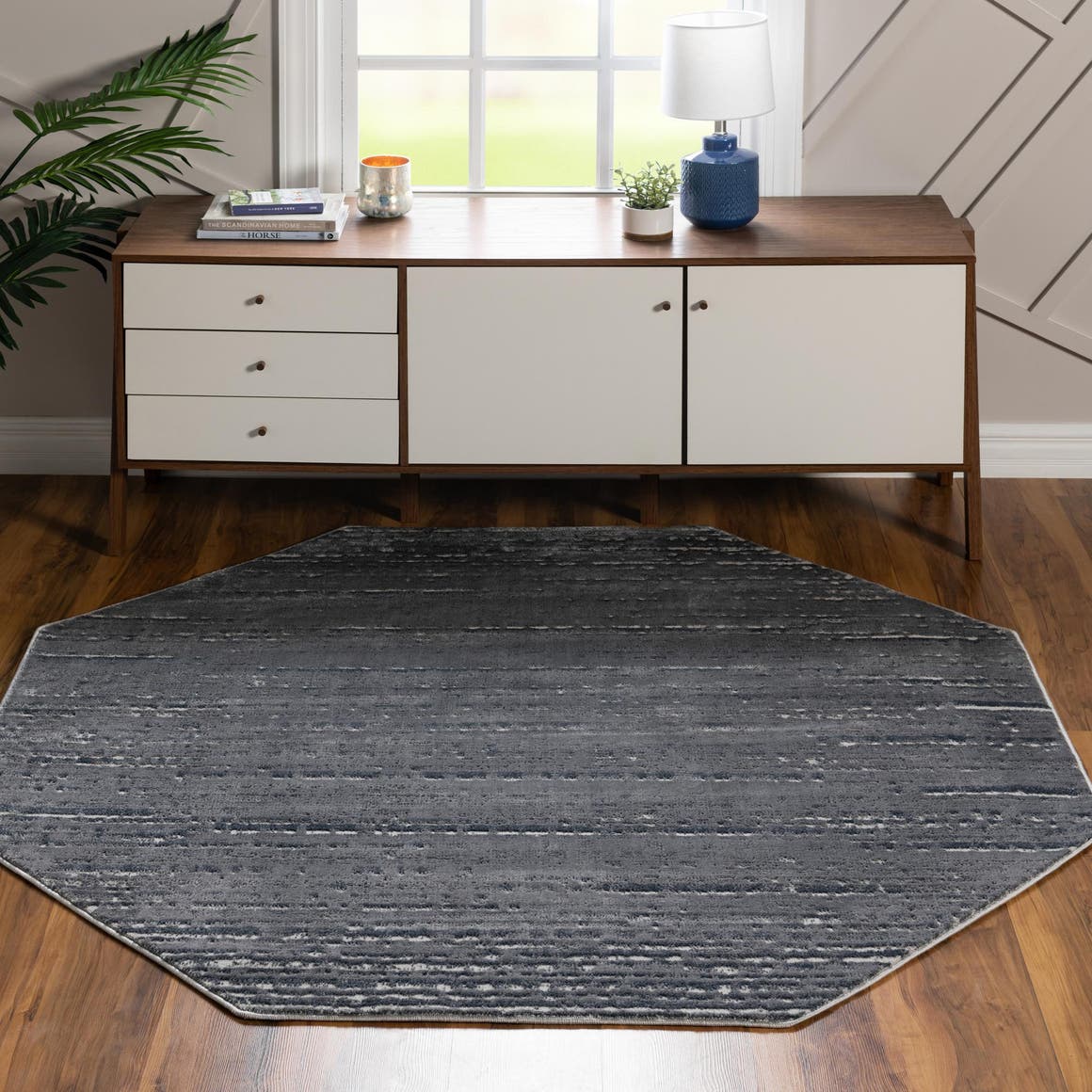 Gray 7' x 7' Oasis Octagon Area Rug 65% Polypropylene & 35% Polyester Contemporary Carpet for Living Rooms, Bedroom, Kitchen, Dining, Office for Sale at Rug Engine