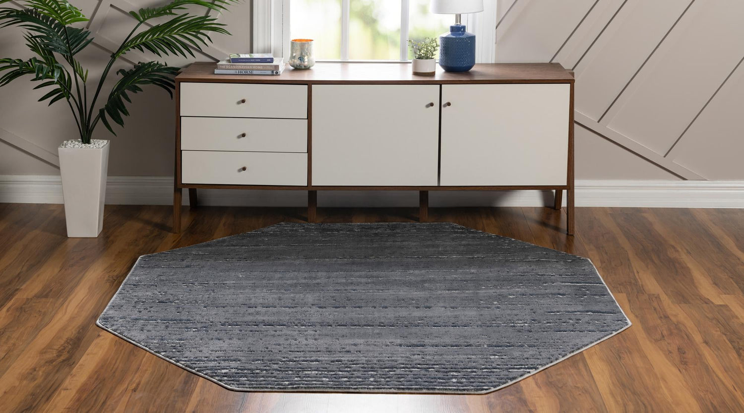 Gray 6' x 6' Oasis Octagon Area Rug 65% Polypropylene & 35% Polyester Contemporary Carpet for Living Rooms, Bedroom, Kitchen, Dining, Office for Sale at Rug Engine
