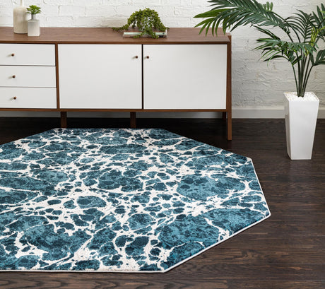 Blue 7' x 7' Oasis Octagon Area Rug 65% Polypropylene & 35% Polyester Contemporary Carpet for Living Rooms, Bedroom, Kitchen, Dining, Office for Sale at Rug Engine
