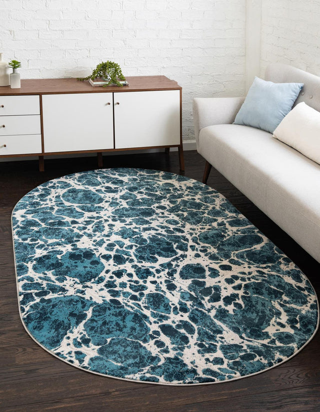 Blue 8' x 10' Oasis Oval Area Rug 65% Polypropylene & 35% Polyester Contemporary Carpet for Living Rooms, Bedroom, Kitchen, Dining, Office for Sale at Rug Engine