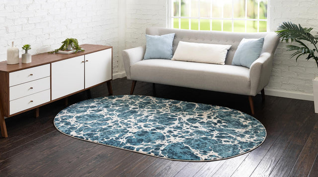 Blue 5' x 8' Oasis Oval Area Rug 65% Polypropylene & 35% Polyester Contemporary Carpet for Living Rooms, Bedroom, Kitchen, Dining, Office for Sale at Rug Engine