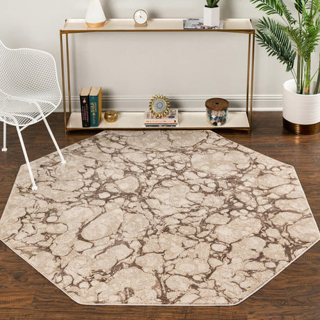 Brown 6' x 6' Oasis Octagon Area Rug 65% Polypropylene & 35% Polyester Contemporary Carpet for Living Rooms, Bedroom, Kitchen, Dining, Office for Sale at Rug Engine