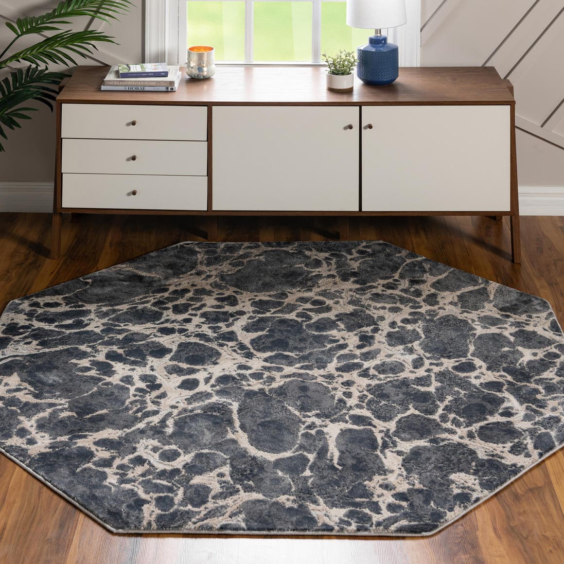 Gray 7' x 7' Oasis Octagon Area Rug 65% Polypropylene & 35% Polyester Contemporary Carpet for Living Rooms, Bedroom, Kitchen, Dining, Office for Sale at Rug Engine