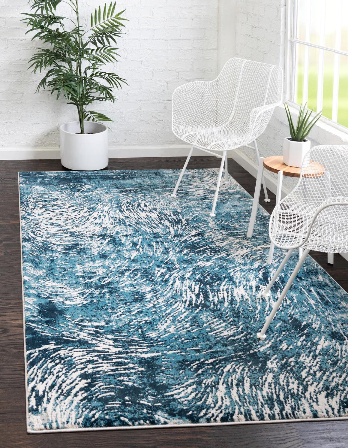 Blue 7' x 10' Oasis Rectangle Area Rug 65% Polypropylene & 35% Polyester Contemporary Carpet for Living Rooms, Bedroom, Kitchen, Dining, Office for Sale at Rug Engine