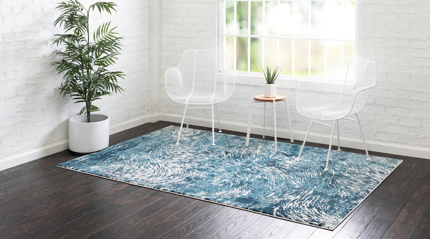 Blue 4' x 6' Oasis Rectangle Area Rug 65% Polypropylene & 35% Polyester Contemporary Carpet for Living Rooms, Bedroom, Kitchen, Dining, Office for Sale at Rug Engine