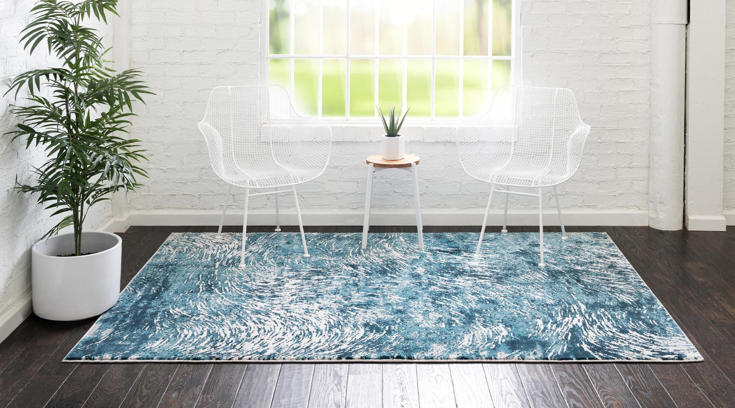 Blue 2' x 3' Oasis Rectangle Area Rug 65% Polypropylene & 35% Polyester Contemporary Carpet for Living Rooms, Bedroom, Kitchen, Dining, Office for Sale at Rug Engine