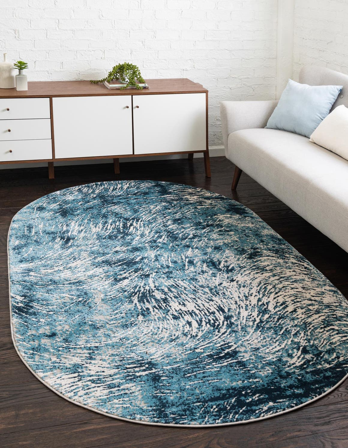 Blue 8' x 10' Oasis Oval Area Rug 65% Polypropylene & 35% Polyester Contemporary Carpet for Living Rooms, Bedroom, Kitchen, Dining, Office for Sale at Rug Engine