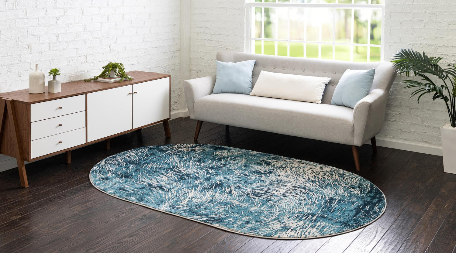 Blue 5' x 8' Oasis Oval Area Rug 65% Polypropylene & 35% Polyester Contemporary Carpet for Living Rooms, Bedroom, Kitchen, Dining, Office for Sale at Rug Engine