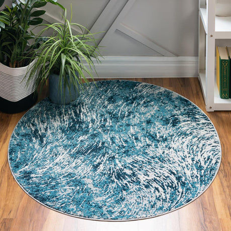 Blue 4' x 4' Oasis Round Area Rug 65% Polypropylene & 35% Polyester Contemporary Carpet for Living Rooms, Bedroom, Kitchen, Dining, Office for Sale at Rug Engine