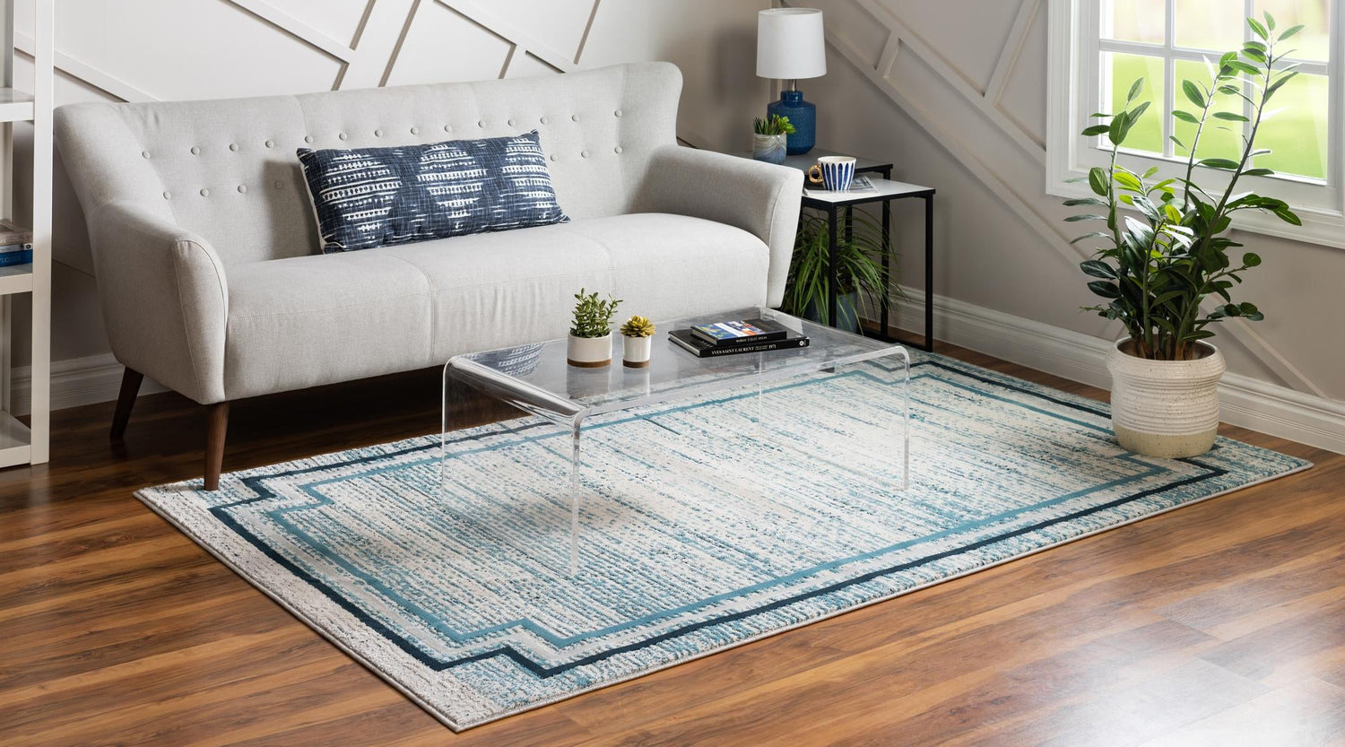Blue 6' x 9' Oasis Rectangle Area Rug 65% Polypropylene & 35% Polyester Contemporary Carpet for Living Rooms, Bedroom, Kitchen, Dining, Office for Sale at Rug Engine
