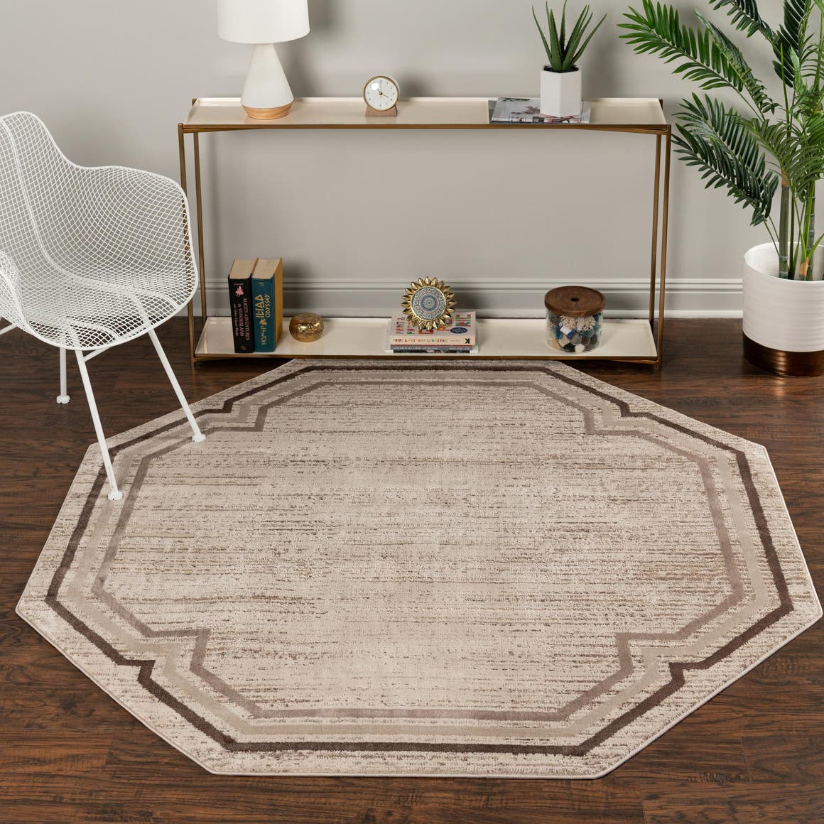Brown 7' x 7' Oasis Octagon Area Rug 65% Polypropylene & 35% Polyester Contemporary Carpet for Living Rooms, Bedroom, Kitchen, Dining, Office for Sale at Rug Engine
