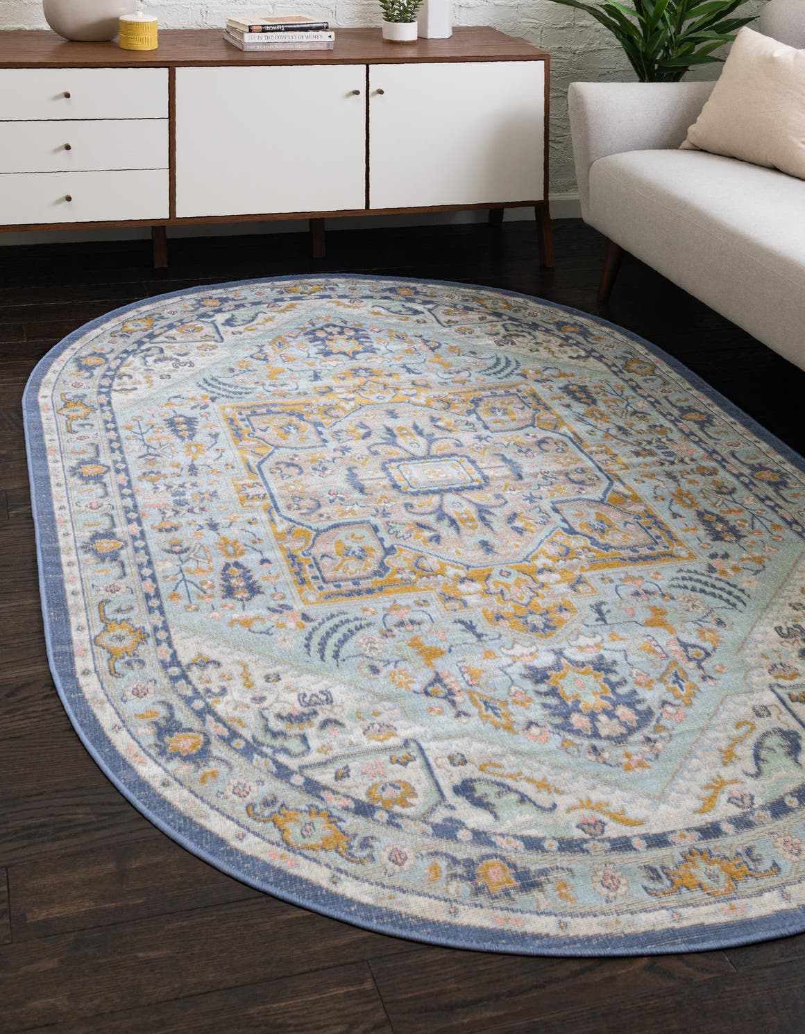 Sky blue 3' x 5' 3 Whitney Oval Area Rug Classic Vintage Distressed Look Traditional Persian Inspired Carpet for Home Decor for Sale at Rug Engine