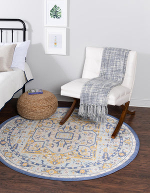 Sky blue 7' x 7' Whitney Round Area Rug Classic Vintage Distressed Look Traditional Persian Inspired Carpet for Home Decor for Sale at Rug Engine
