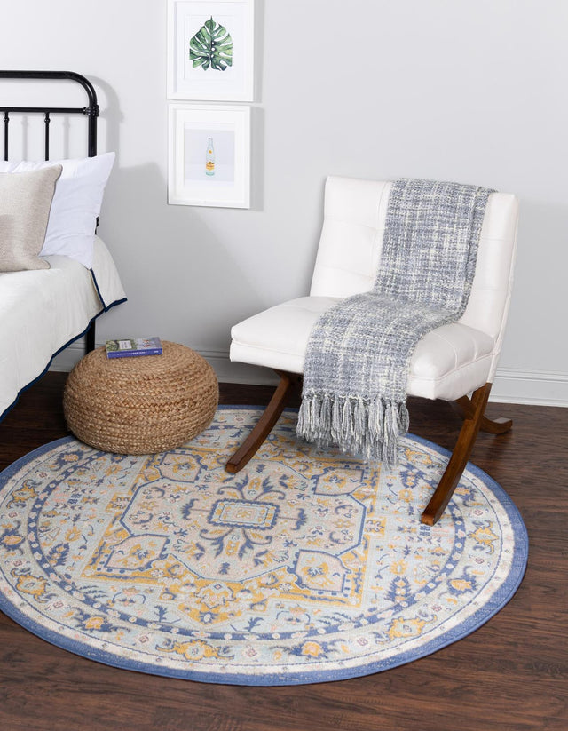 Sky blue 7' x 7' Whitney Round Area Rug Classic Vintage Distressed Look Traditional Persian Inspired Carpet for Home Decor for Sale at Rug Engine