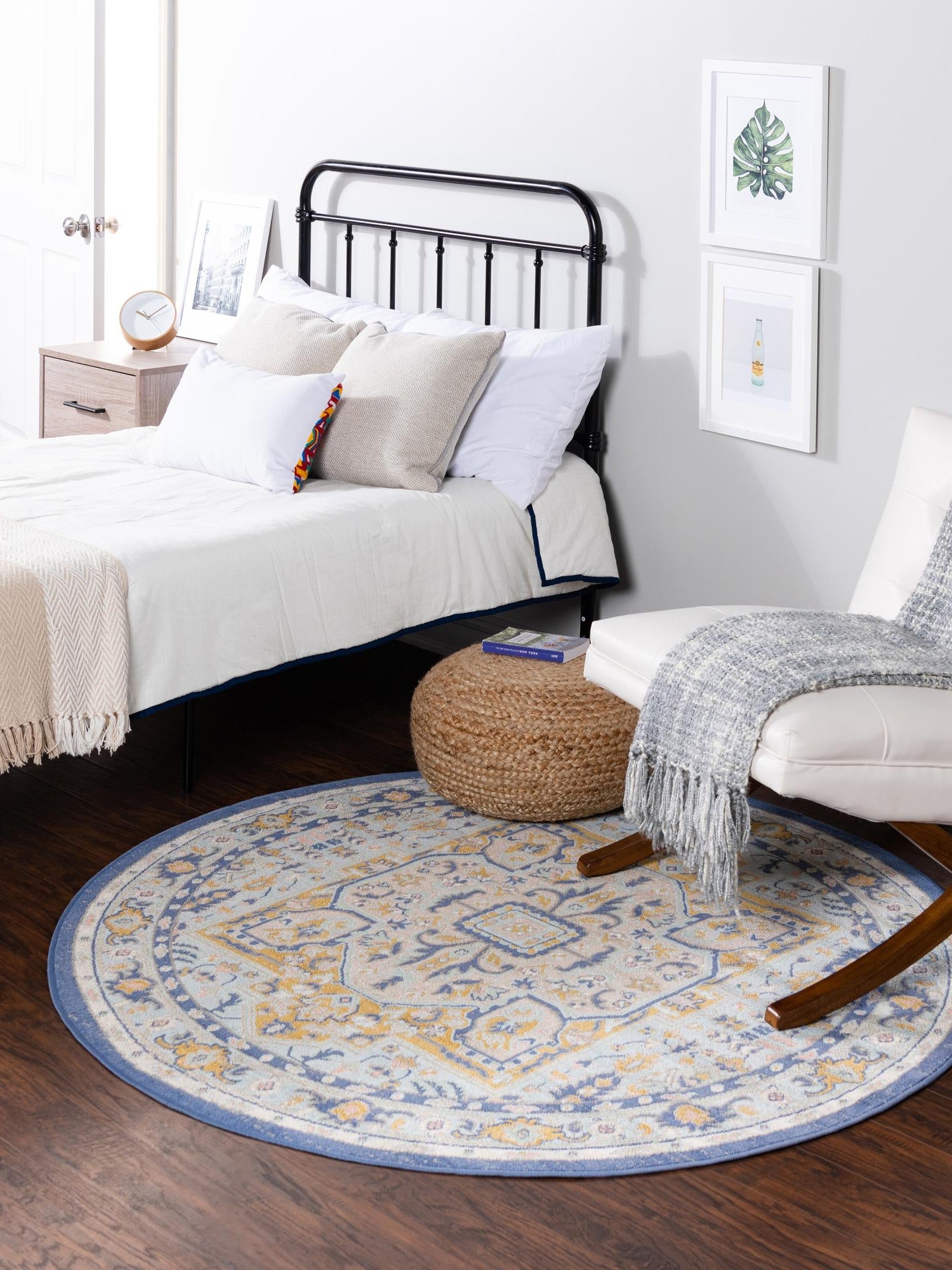Sky blue 7' x 7' Whitney Round Area Rug Classic Vintage Distressed Look Traditional Persian Inspired Carpet for Home Decor for Sale at Rug Engine