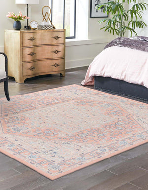Powder Pink 8' x 8' Whitney Square Area Rug Classic Vintage Distressed Look Traditional Persian Inspired Carpet for Home Decor for Sale at Rug Engine