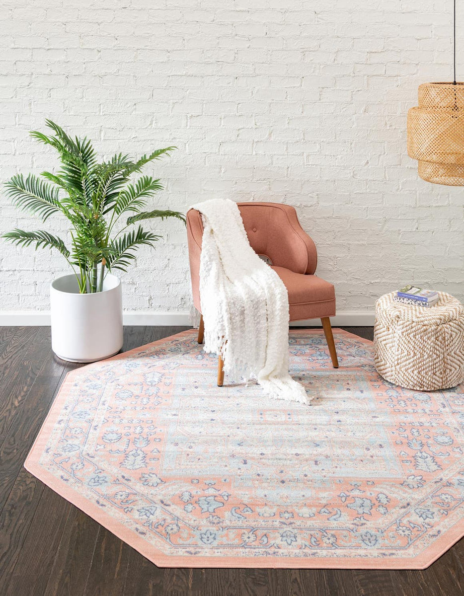 Powder Pink 7' x 7' Whitney Octagon Area Rug Classic Vintage Distresse ...