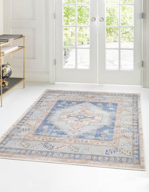 Sky blue 12' x 12' Whitney Square Area Rug Classic Vintage Distressed Look Traditional Persian Inspired Carpet for Home Decor for Sale at Rug Engine