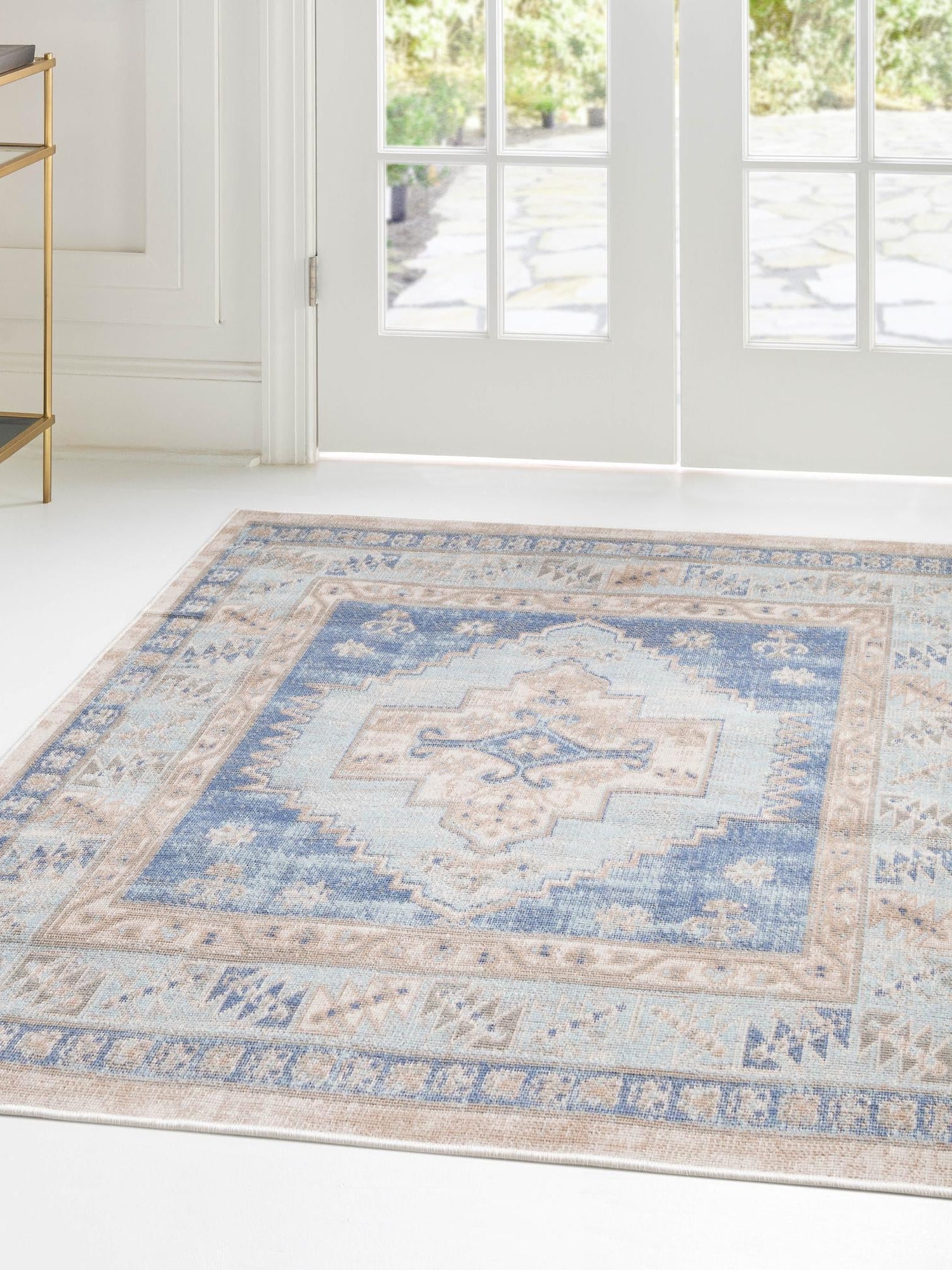 Sky blue 12' x 12' Whitney Square Area Rug Classic Vintage Distressed Look Traditional Persian Inspired Carpet for Home Decor for Sale at Rug Engine