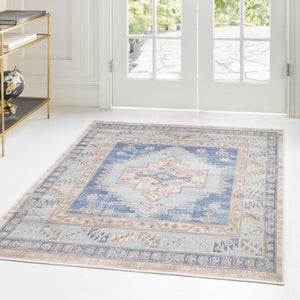 Sky blue 12' x 12' Whitney Square Area Rug Classic Vintage Distressed Look Traditional Persian Inspired Carpet for Home Decor for Sale at Rug Engine