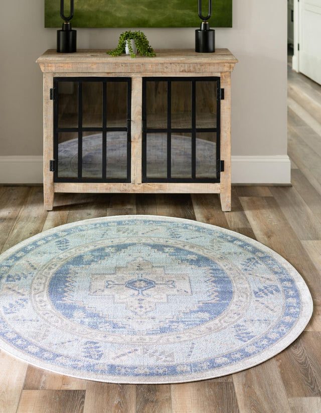 Sky blue 7' 10 x 7' 10 Whitney Round Area Rug Classic Vintage Distressed Look Traditional Persian Inspired Carpet for Home Decor for Sale at Rug Engine