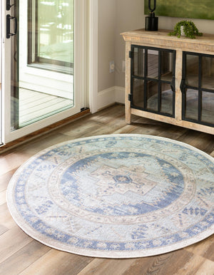 Sky blue 7' 10 x 7' 10 Whitney Round Area Rug Classic Vintage Distressed Look Traditional Persian Inspired Carpet for Home Decor for Sale at Rug Engine
