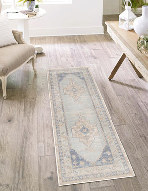Sky blue 2' x 6' Whitney Runner Area Rug Classic Vintage Distressed Look Traditional Persian Inspired Carpet for Home Decor for Sale at Rug Engine