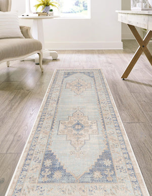 Sky blue 2' x 6' Whitney Runner Area Rug Classic Vintage Distressed Look Traditional Persian Inspired Carpet for Home Decor for Sale at Rug Engine
