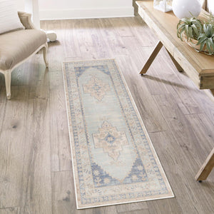 Sky blue 2' x 6' Whitney Runner Area Rug Classic Vintage Distressed Look Traditional Persian Inspired Carpet for Home Decor for Sale at Rug Engine