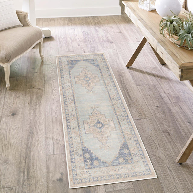 Sky blue 2' x 6' Whitney Runner Area Rug Classic Vintage Distressed Look Traditional Persian Inspired Carpet for Home Decor for Sale at Rug Engine
